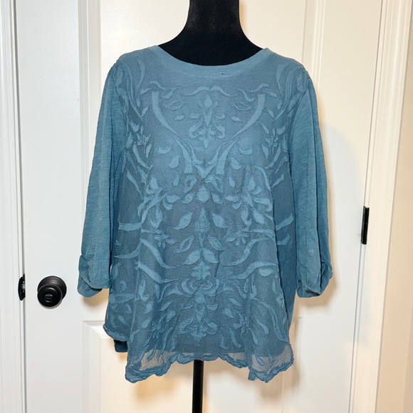 Democracy Tops - Democracy Womens 1X Teal Blue Embroidered Mesh Overlay 3/4 Sleeve Top Boho